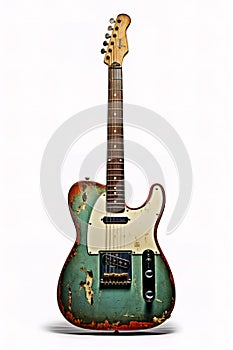 Old grungy guitar isolated on white