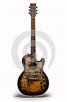 Old grungy guitar isolated on white