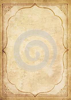 Old grungy vintage paper blank with curly oriental frame ornament.