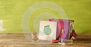 Old grungy vinyl record with yellowed blank sleeve,record album,record brush,vintage style with free copy space,