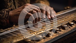 Old guitarist skillful hand strums antique chord generated by AI