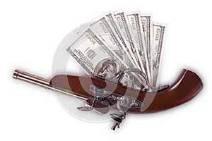 Old gun and hundred dollar bills