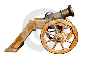 old gun on wooden wheels isolated on a white background