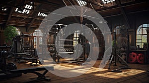 Old gym interior with equipment