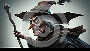 An old hag cackling hysterically perched atop a broomstick and ready to take flight. Fantasy art. AI generation photo