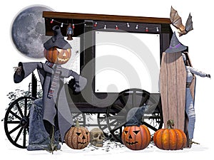 Old halloween shop on black wooden wheels with white advertising sign