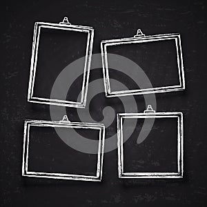 Old hand drawn chalk photo frames, white vintage image borders with shadows isolated on blackboard vector set