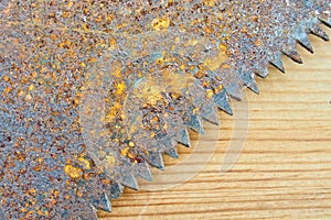 Old hand saw on a dirty wooden background.Working area with hand tool.Carpentry instrument