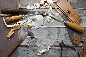 Old hand tools table upper view.