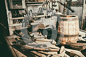Old hand tools in vintage workshop