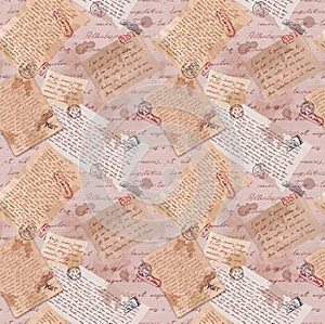 Old hand written letters at vintage paper texture with postal stamps. Repeating pattern