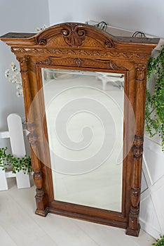Old handcarved mirror antique detailed wood walnut stained