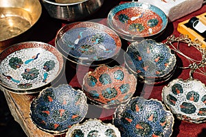 Old Handmade Ornate Pottery Plates. Set Of Decorative Ceramic Dishes Hand-painted Of Floral Pattern. Traditional