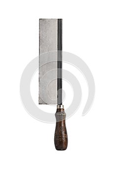 Old handsaw with wooden handle isolated on white background