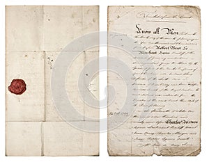 Old handwritten letter. Antique paper sheet with red wax seal