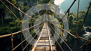 Old hanging bridge in tropical forest, vintage suspension wood path in dark jungle. Concept of travel, journey, lost, nature,