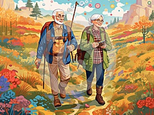 old happy couple hiking grandfather senior trekking walking elderly active. Generative AI.