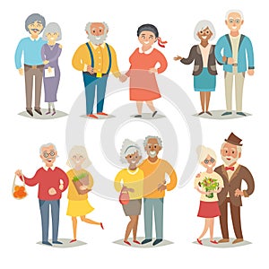 Old happy family. Pensioner happy family. Cartoon characters happy pensioner family.