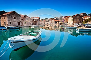 Old harbor at Adriatic sea. Hvar island