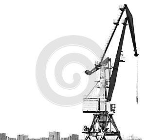 Old Harbor crane isolated on white background. The outline of buildings and houses