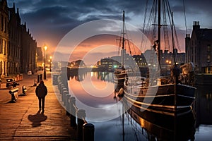 Old harbor of Gdansk at night, Poland. Long exposure, Old Leiths Docks at Twilight. Edinburgh, Scotland, AI Generated