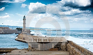 Old harbor and lighthouse, Chania, Crete, Greece