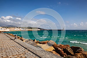 Old harbor and lighthouse in Tarifa, Andalusia, Spain