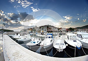 Old harbor or marina and stone houses, Croatia Dalmatia