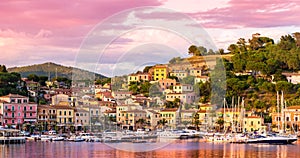 Harbor and village Porto Azzurro at sunset, Elba islands, Tuscany, Italy photo