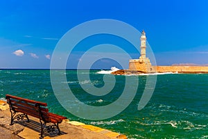 Old harbour with Lighthouse, Chania, Crete, Greece