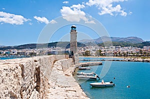 The old harbour with the lighthouse. Rethymno city, The Crete island,Greece.