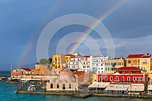 Old harbour in sunny day, Chania, Crete, Greece