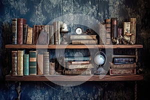 old hardcover books on a rustic shelf