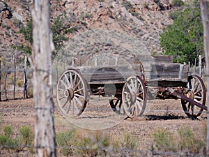 Old harvesting machine with rusty wheels at the Grafton ghost town, Utah