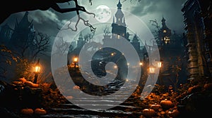 Old haunted abandoned mansion with Halloween pumpkins, Jack O Lantern, decoration in spooky Halloween night atmosphere