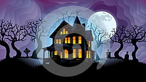 Old haunted house surrounded by silhouettes of trees with the big white moon behind over purple sky with foggy background. Vector