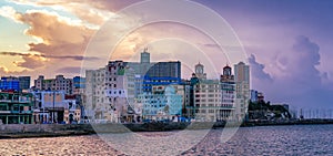 Old Havana City, Capital of Cuba, Ocean Coast. Cloudy Sunset