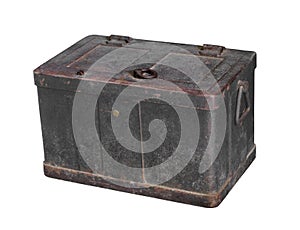 Old heavy metal strongbox isolated.