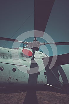 Old helicopter. Hull, chassis and propellers of an old helicopter. large, cargo, military helicopter with a large payload