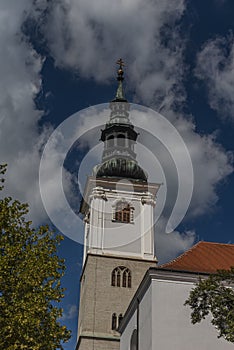 Old historic church and houses in Krems an der Donau in summer Austia