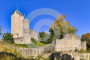 Old historic hill castle called `Starkenburg` in Odenwald forest in Heppenheim city in Germany