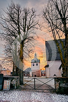 Old historic Porvoo, Finland. Medieval stone and brick Porvoo Cathedral at blue hour sunrise