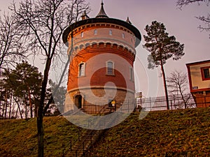 An old, historic water tower in the city of Zagan in western Poland.