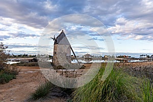 Old historic windmill in La Manga del Mar Menor in Murcia
