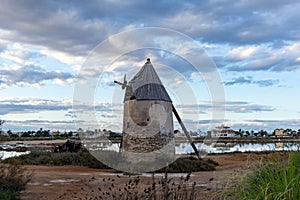 Old historic windmill in La Manga del Mar Menor in Murcia