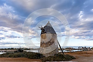 Old historic windmill in La Manga del Mar Menor in Murcia