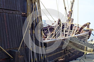 Old historic wooden ship laid out in WarnemÃ¼nde in the harbor at the Baltic Sea in Germany