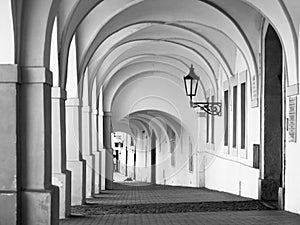 Old historical arcade in Loretanska Street near Prague Castle, Prague, Czech Republic