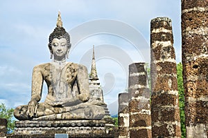 The old historical buddha statue in the temple at Sukhothai