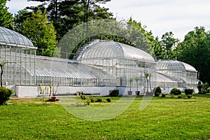 Old historical buiding of a greenhouse at Mogosoaia Palace Palatul Mogosoaia near the lake and park, a weekend attraction close